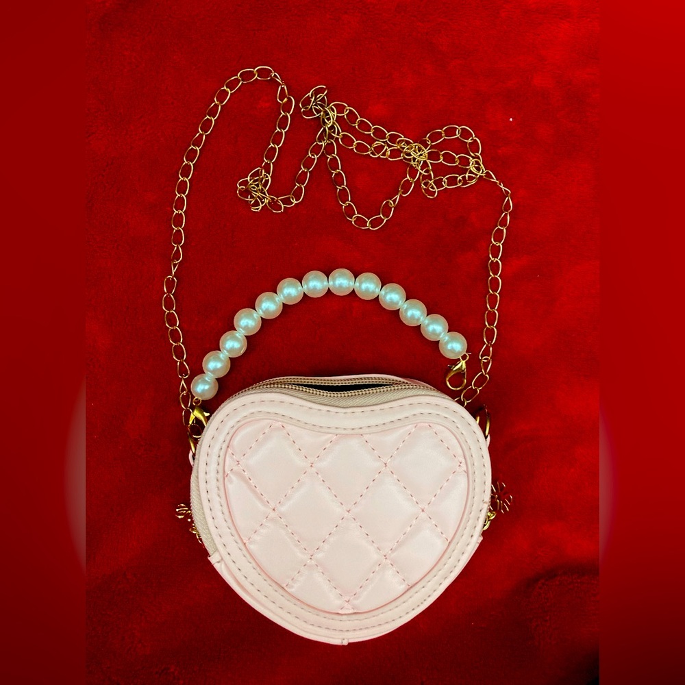 💖PINK💖Heart mini bag w/faux pearl handle/metal chain.PUfabric zip closure✨NWOT✨